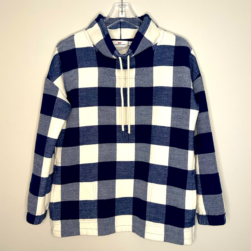 Vineyard Vines Navy Blue And White Buffalo Check Doubleface Pullover, Sz Xs